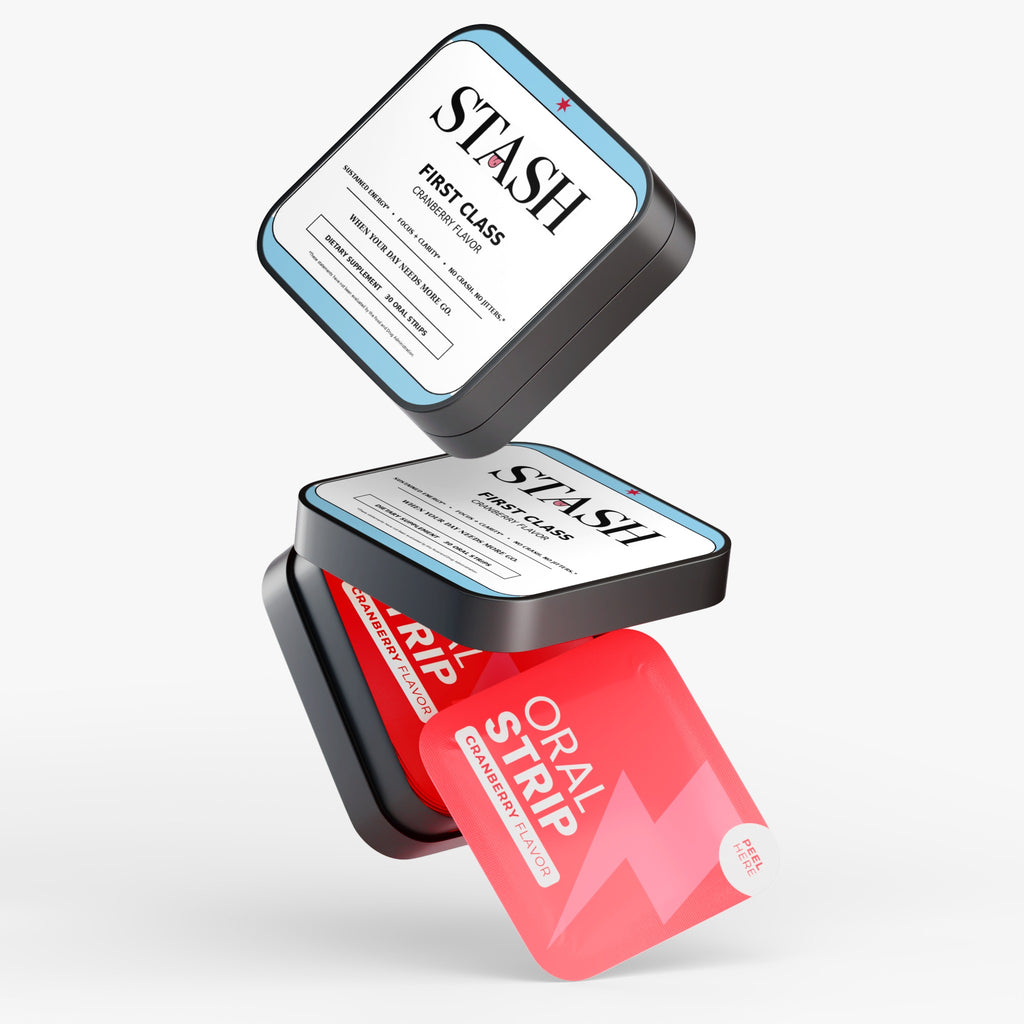 STASH First Class tins and cranberry oral strip packets
