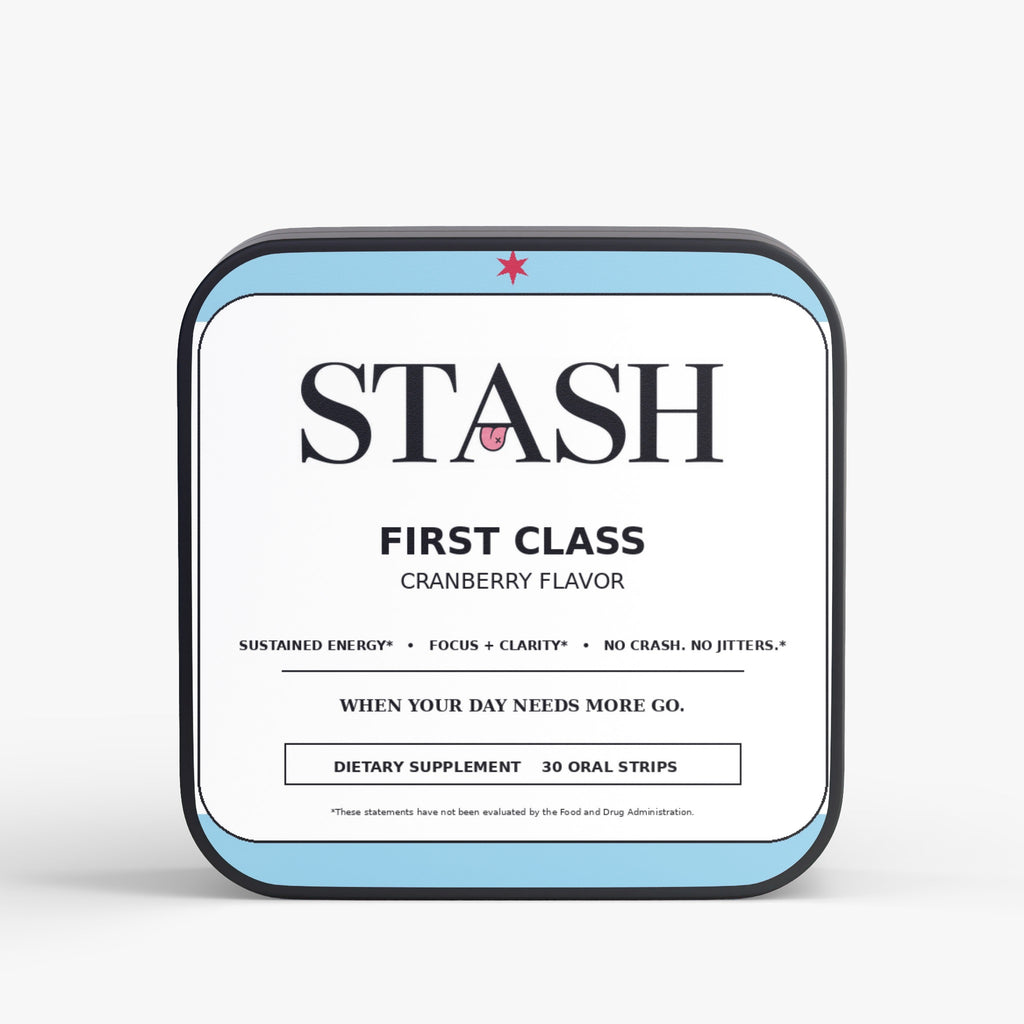 STASH First Class cranberry energy oral strips tin