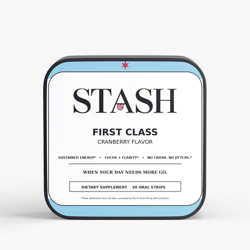 STASH First Class cranberry energy oral strips tin