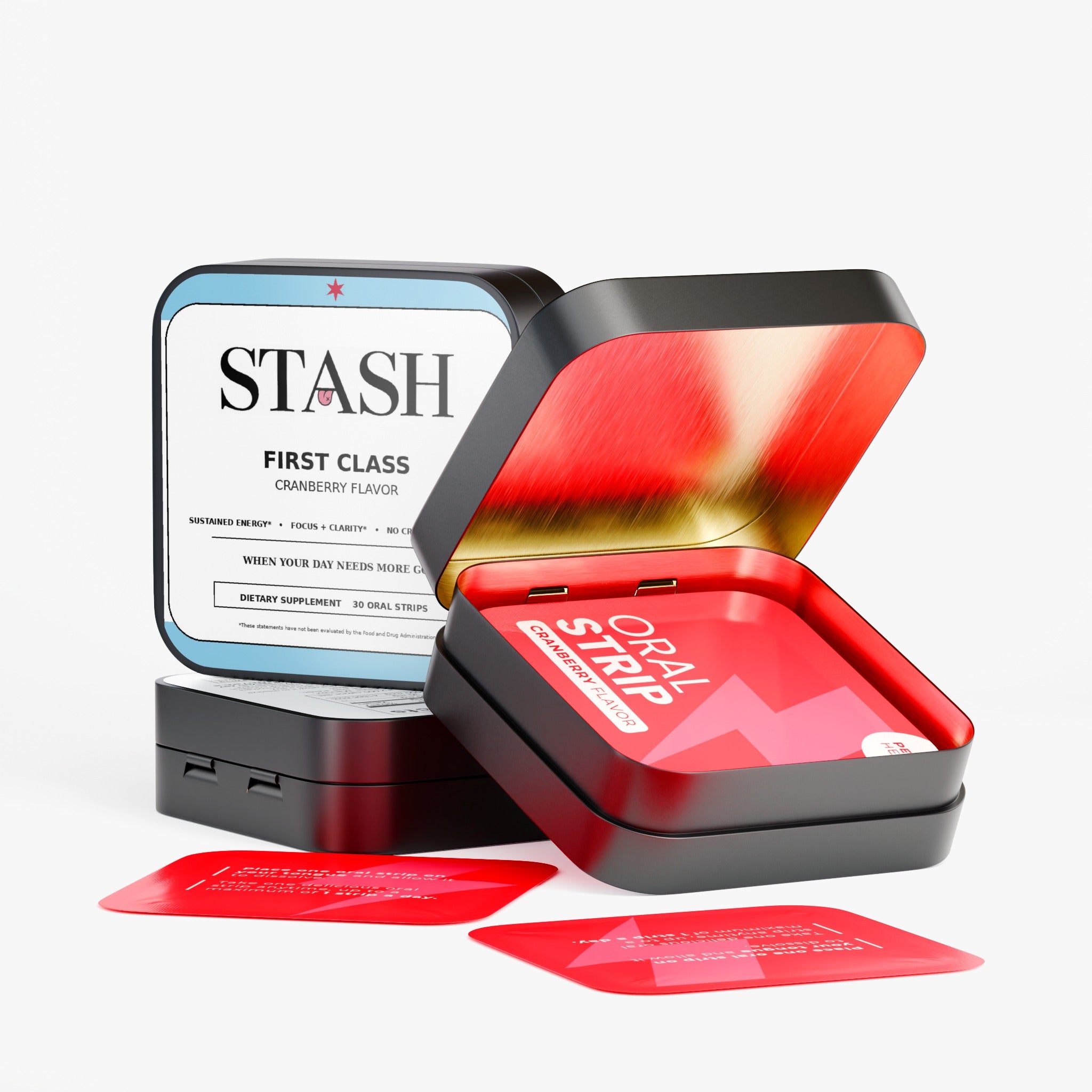 Open STASH First Class tin with cranberry oral strip packets