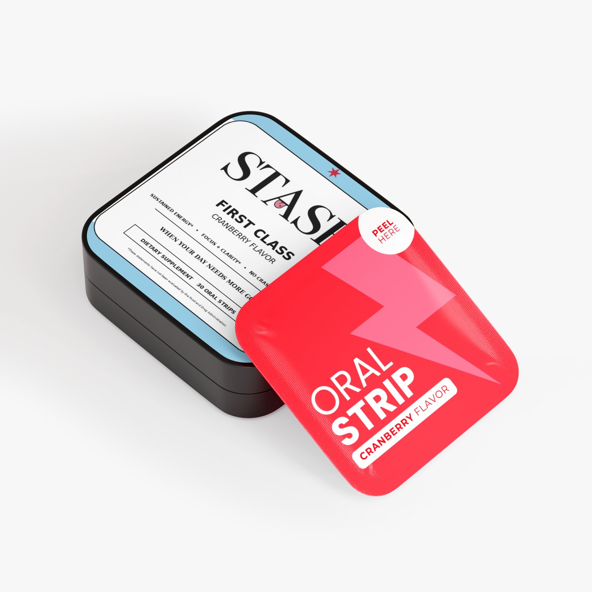 STASH First Class tin with cranberry oral strip packet peeled forward