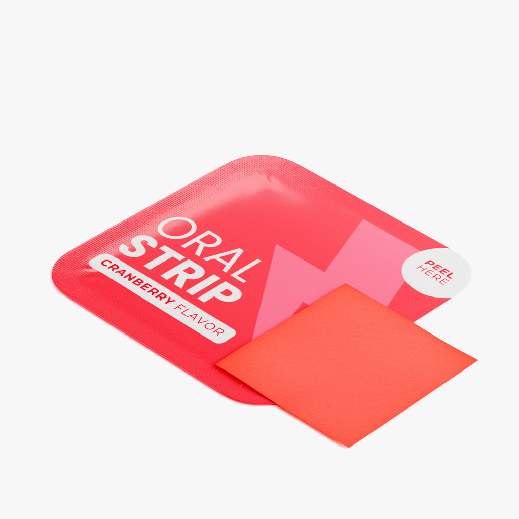 STASH First Class cranberry oral strip packet and strip